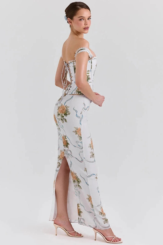 Glorol - Printed Off-Shoulder Sleeveless Backless Bodycon Maxi Dress