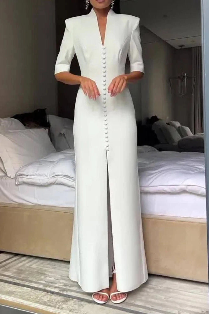 Glorol - Slim Half Sleeve High Waist Split V-Neck Single Breasted Maxi Dress