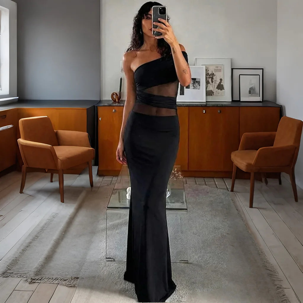 Glorol - See Through Patchwork Off Shoulder Sleeveless Maxi Dress