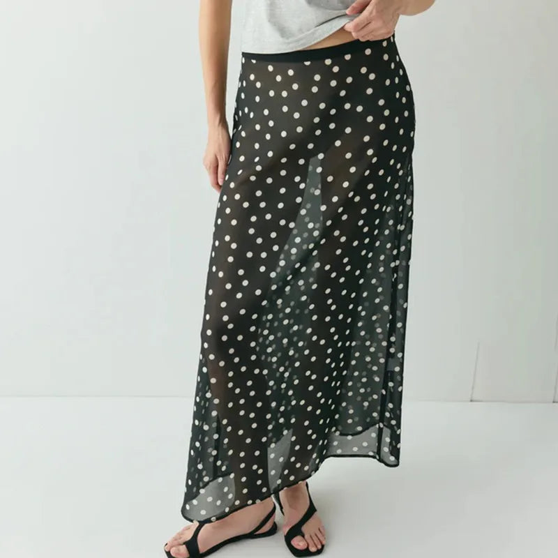 Glorol - High Waist Polka Dot See Through Printed Skirt