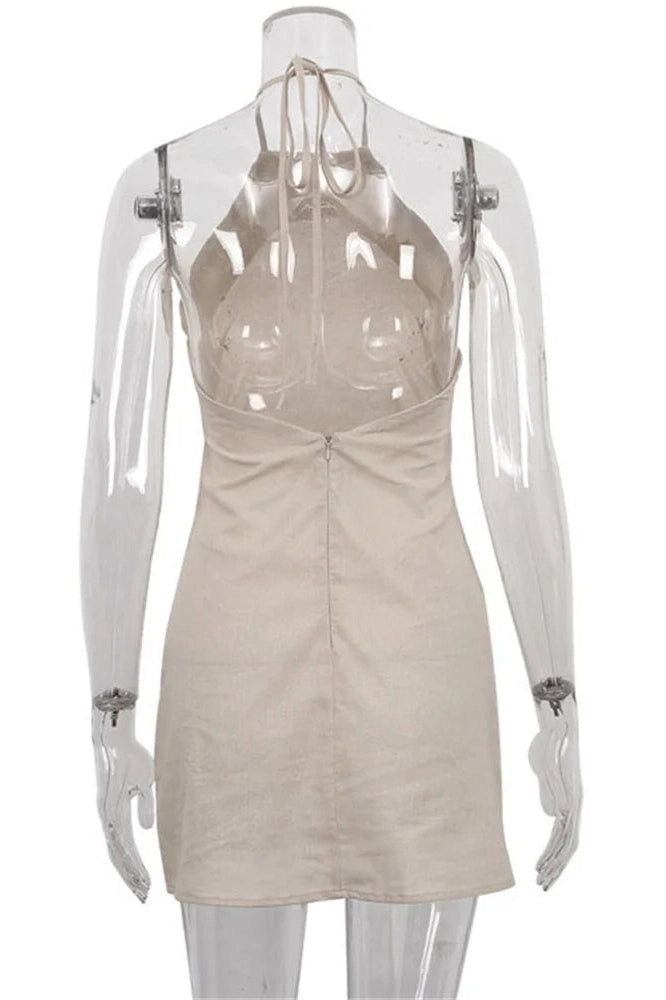 Glorol - Off-Shoulder Backless Lace-Up Patchwork Mini Dress