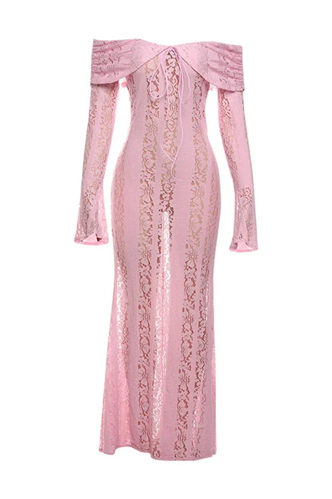 Glorol - Off-Shoulder See-Through Printed Lace-Up High Waist Maxi Dress