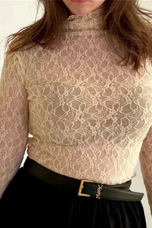 Glorol - See-Through Long Sleeve Patchwork Top