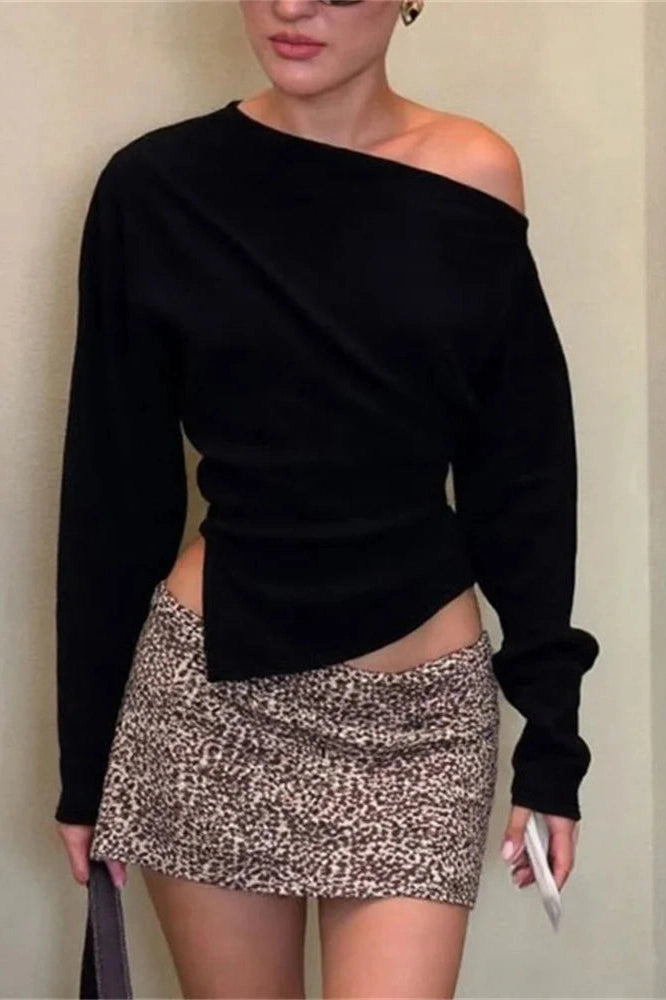 Glorol - One-Shoulder Long Sleeve Patchwork Top