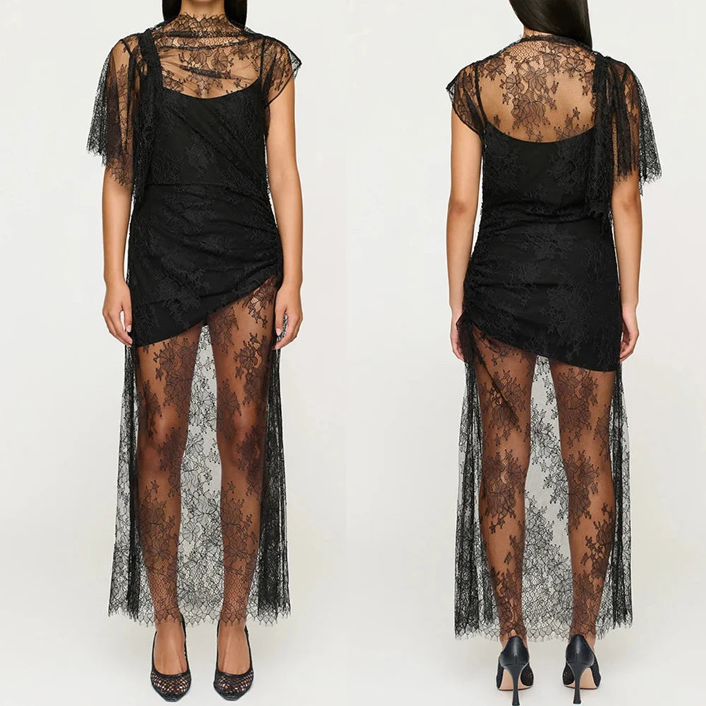Glorol - Elegant See Through Lace Patchwork Backless Midi Dress