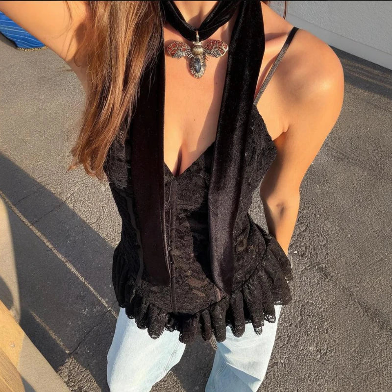 Glorol - Lace V-Neck Slim Sleeveless Top