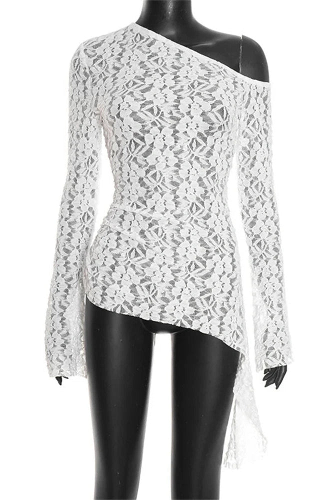 Glorol - Lace See-Through One-Shoulder Printed Top