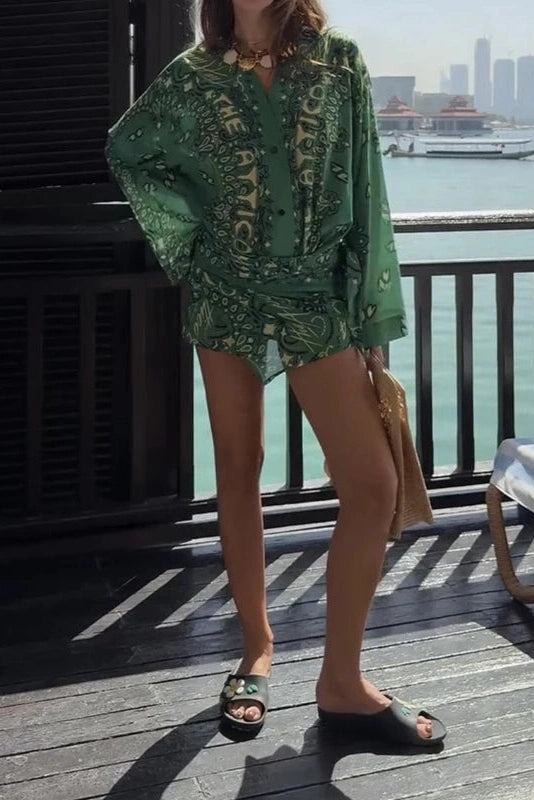 Glorol - Long Sleeve Loose V-Neck Printed Pleated Mini Dress