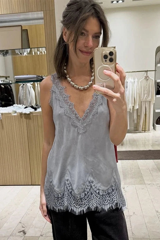 Glorol - Lace Deep V-Neck Sleeveless Loose Top
