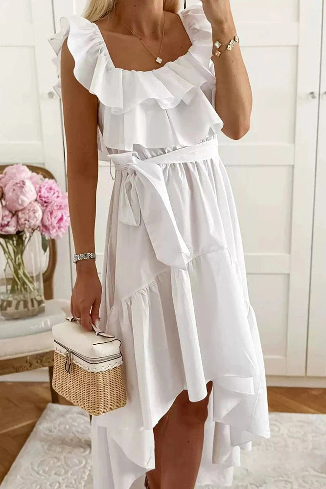 Glorol - Lace Up U Collar Sleeveless High Waist Irregular Maxi Dress