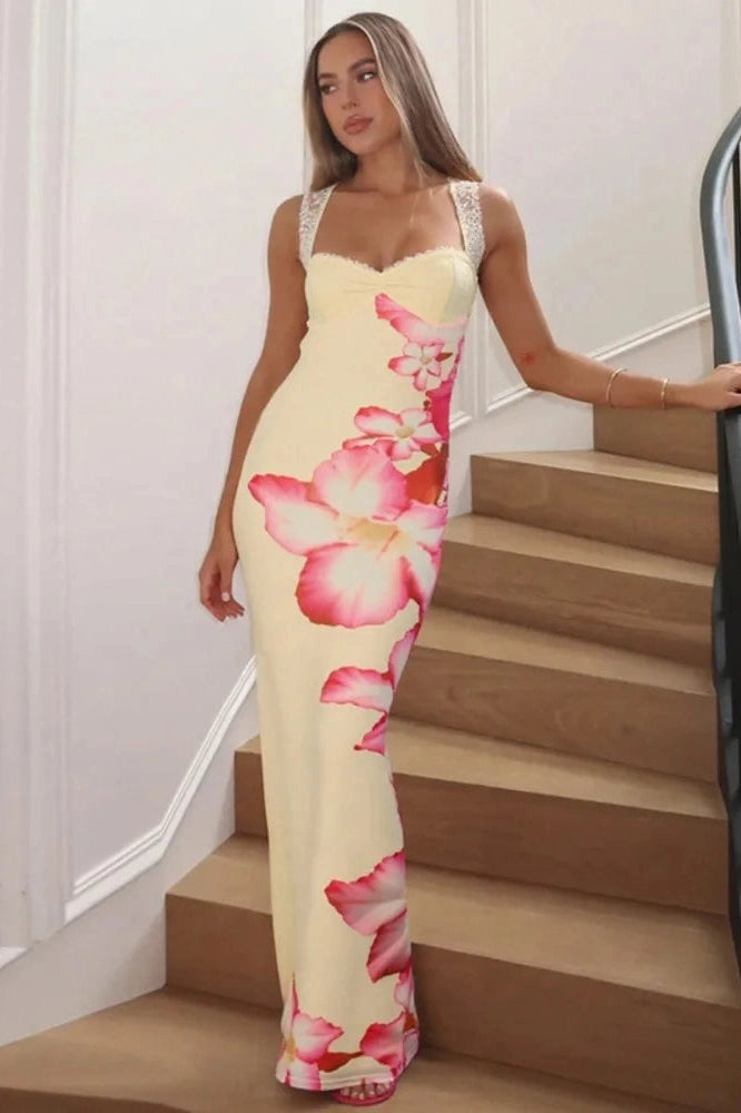 Glorol - Lace Printed Square Collar Sleeveless Lace-Up Bodycon Maxi Dress