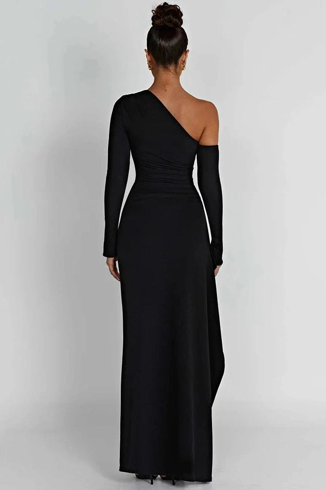 Glorol - Oblique Shoulder Long Sleeve Backless High Split Maxi Dress