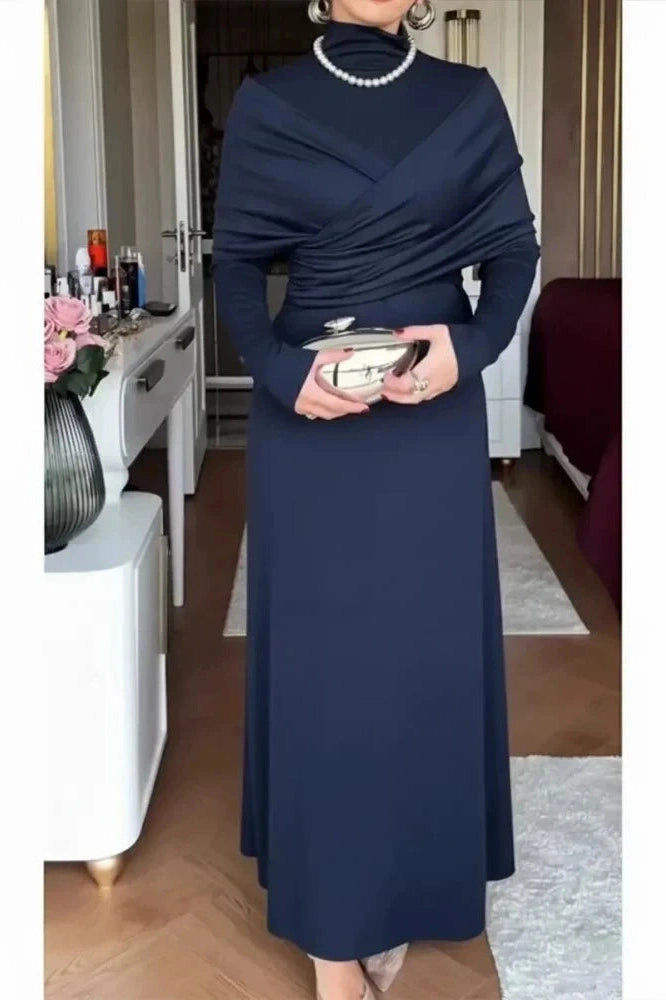 Glorol - Elegant High Waist Long Sleeve Slim Pleated Irregular Maxi Dress