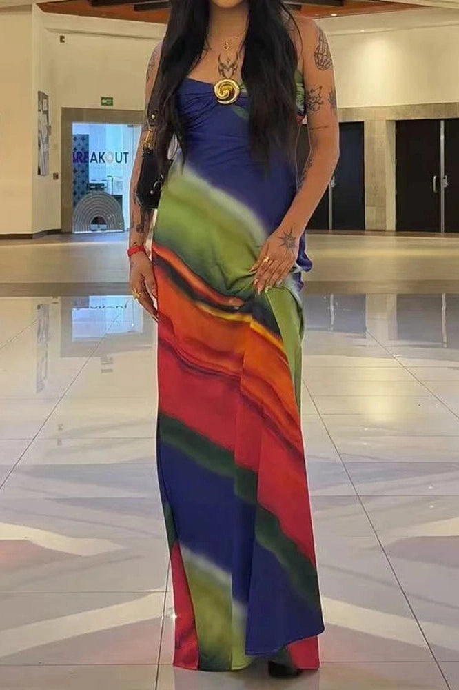 Glorol - Elegant Printed Sleeveless Slim V-Neck Backless Maxi Dress