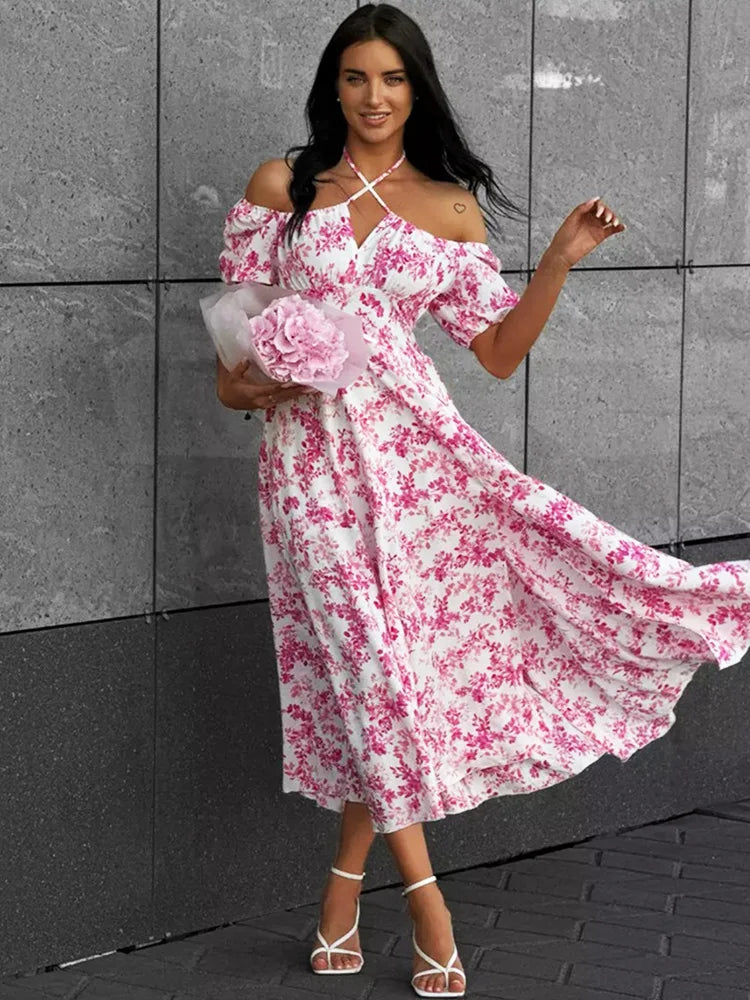 Glorol - Off Shoulder Lace Up Patchwork Print Maxi Dress