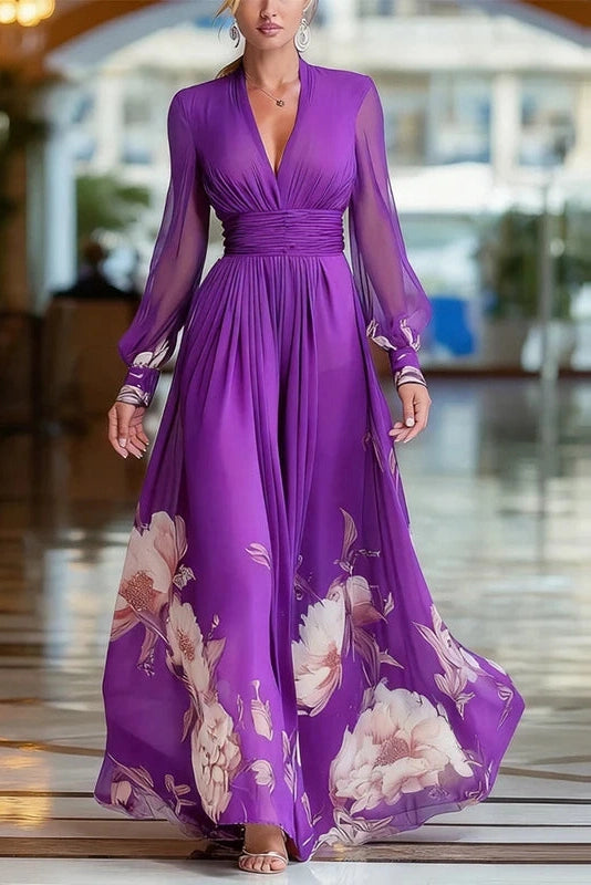 Glorol - Floral Print High Waist V-Neck Long Sleeve Pleated Maxi Dress