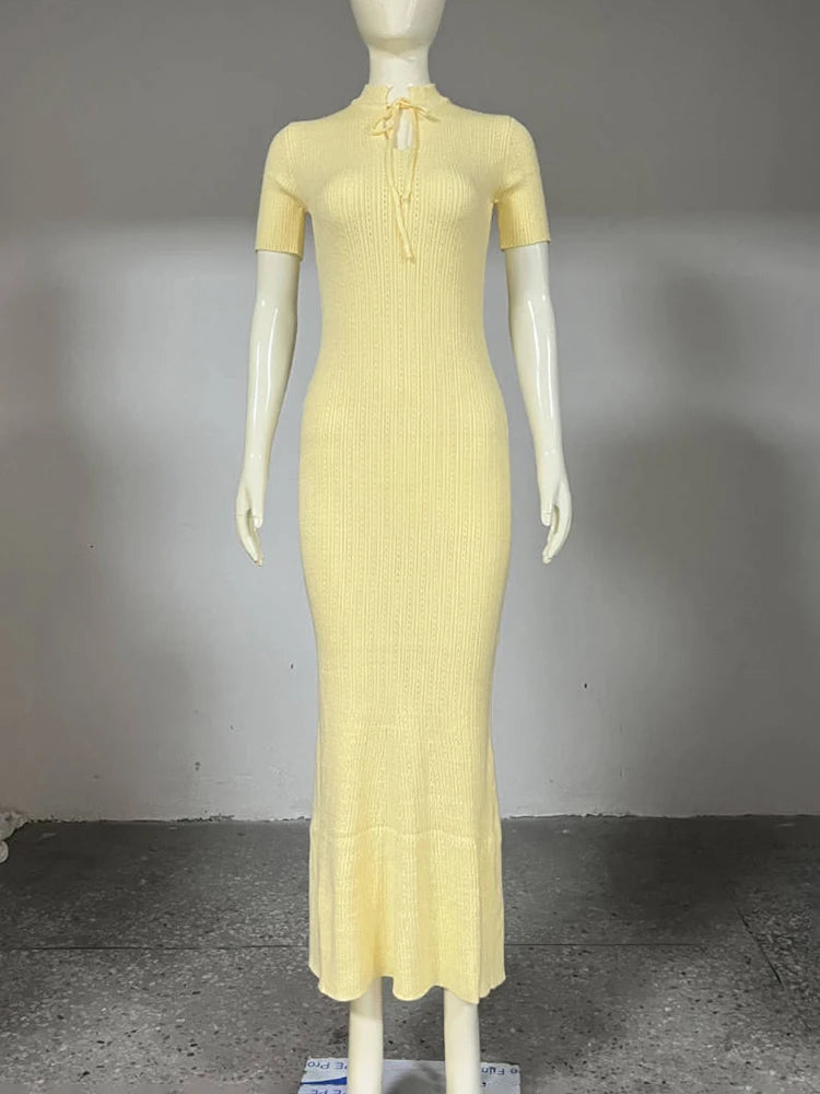 Glorol - Knitted Short Sleeve Slim High Waist Maxi Dress