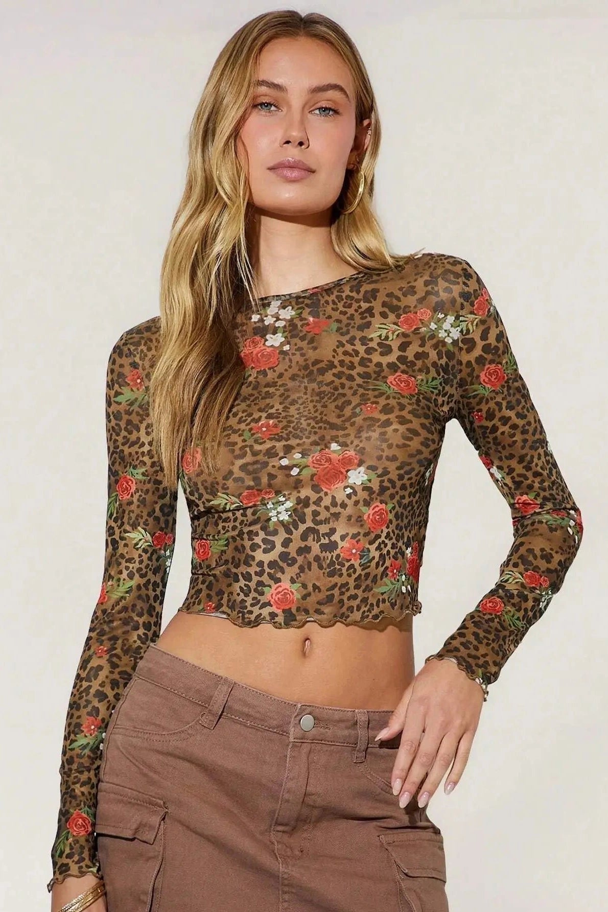 Glorol - Printed Mesh Round Neck Short Long Sleeve Top