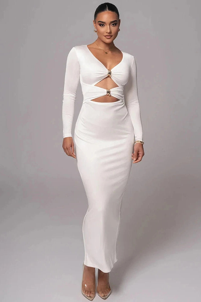 Glorol - Long Sleeve V Neck Back Split Bodycon Maxi Dress