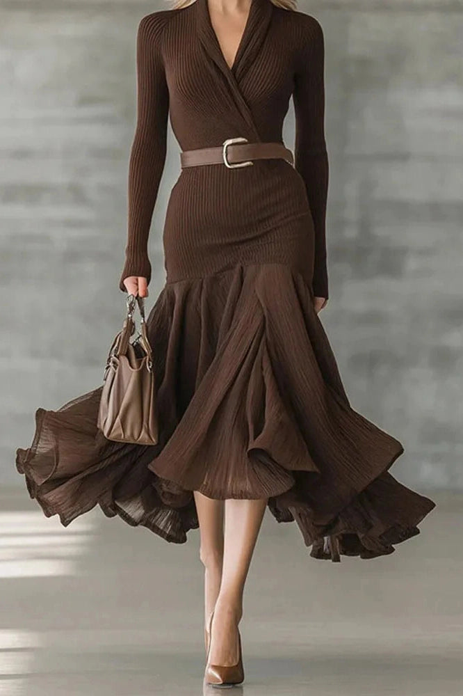 Glorol - Elegant Pleated V-Neck Long Sleeve Midi Dress