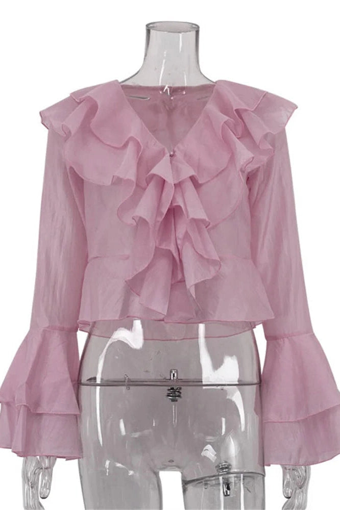 Glorol - Patchwork V-Neck Long Sleeve Loose Top