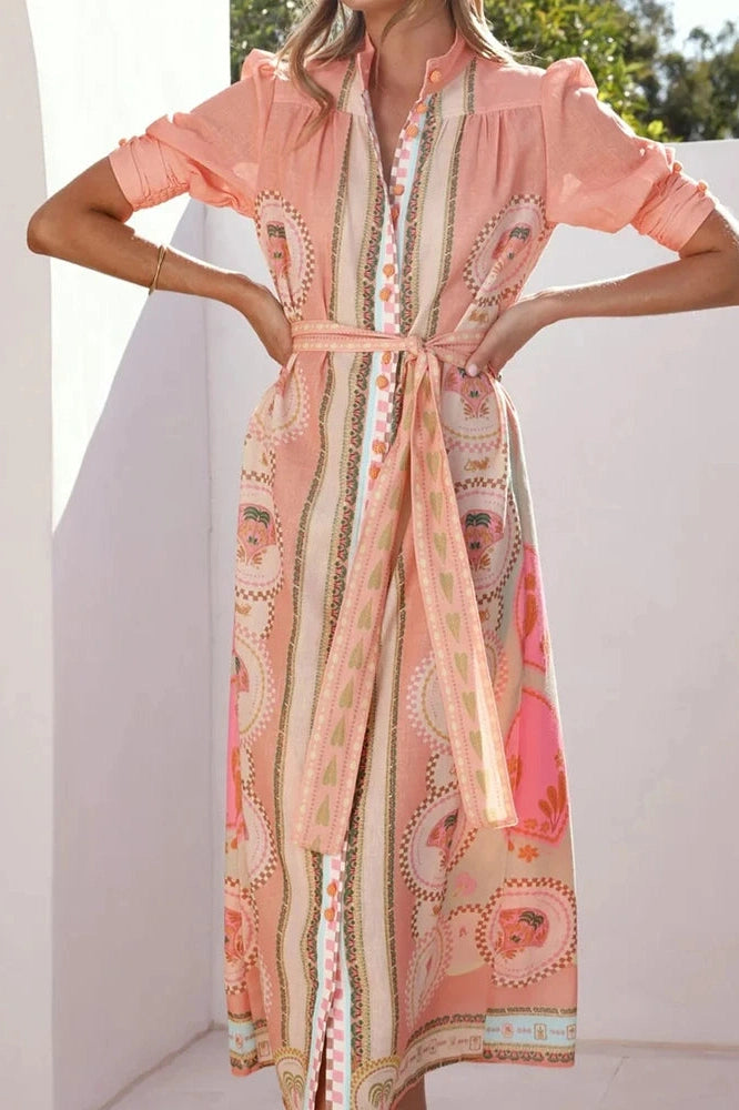Glorol - Elegant Lace Up High Waist Printed Short Sleeve Pleated Midi Dress