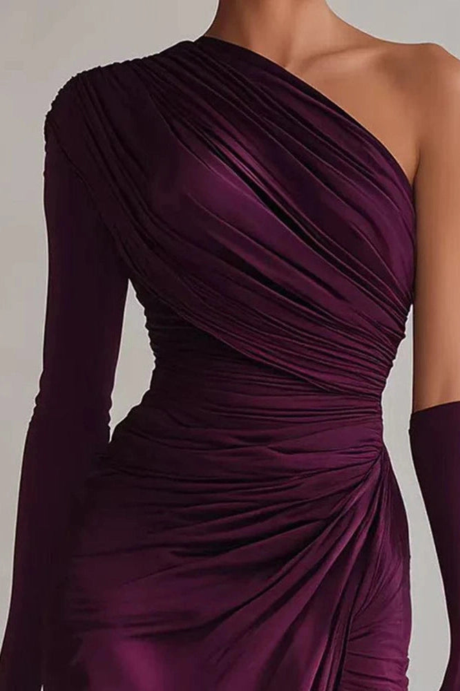 Glorol - Elegant One-Shoulder High Waist Pleated Slim Slash Collar Maxi Dress