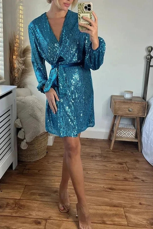 Glorol - Elegant Long Sleeved Waist Slim V Neck Lace Up Mini Dress