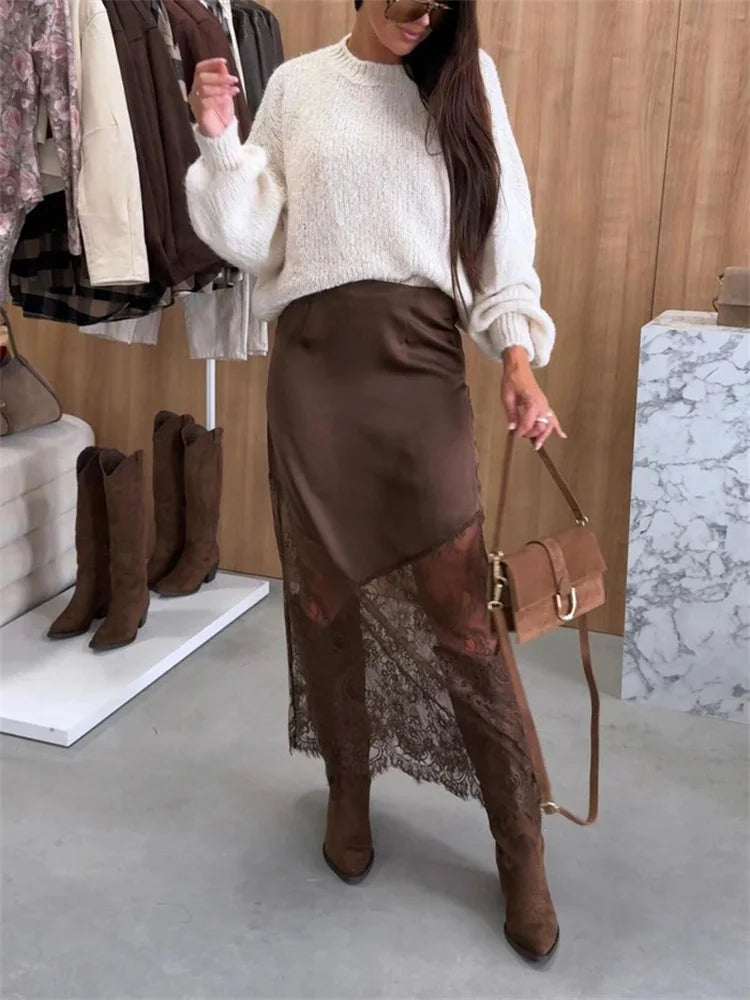 Glorol - High Waist Printed Lace Patchwork See-Through Skirt