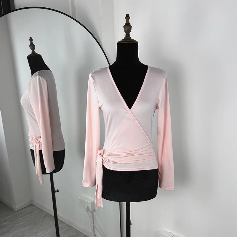 Glorol - Lace-Up Slim V-Neck Long-Sleeve Top