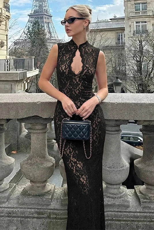 Glorol - Hollow Out Lace Sleeveless Slim Maxi Dress