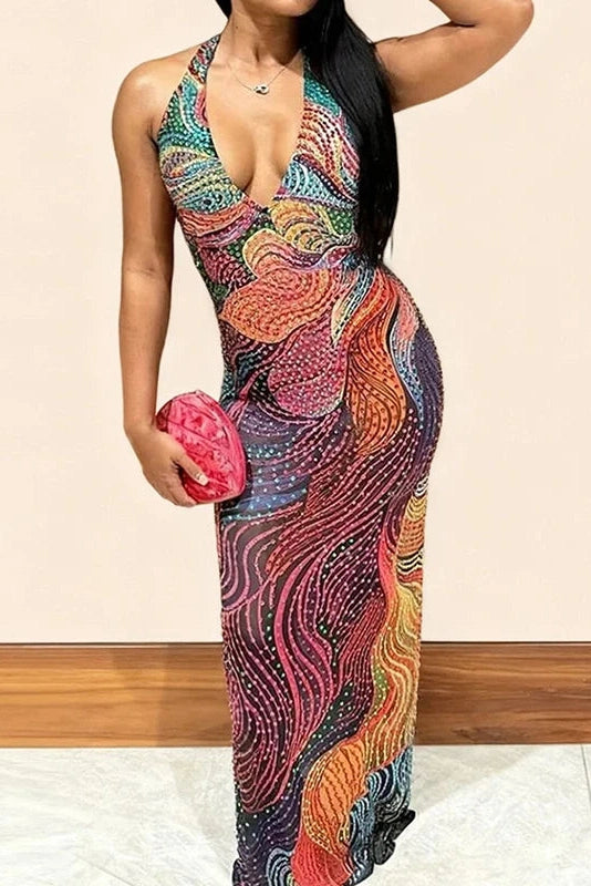 Glorol - Printed Slim High Waist Sleeveless V-Neck Maxi Dress