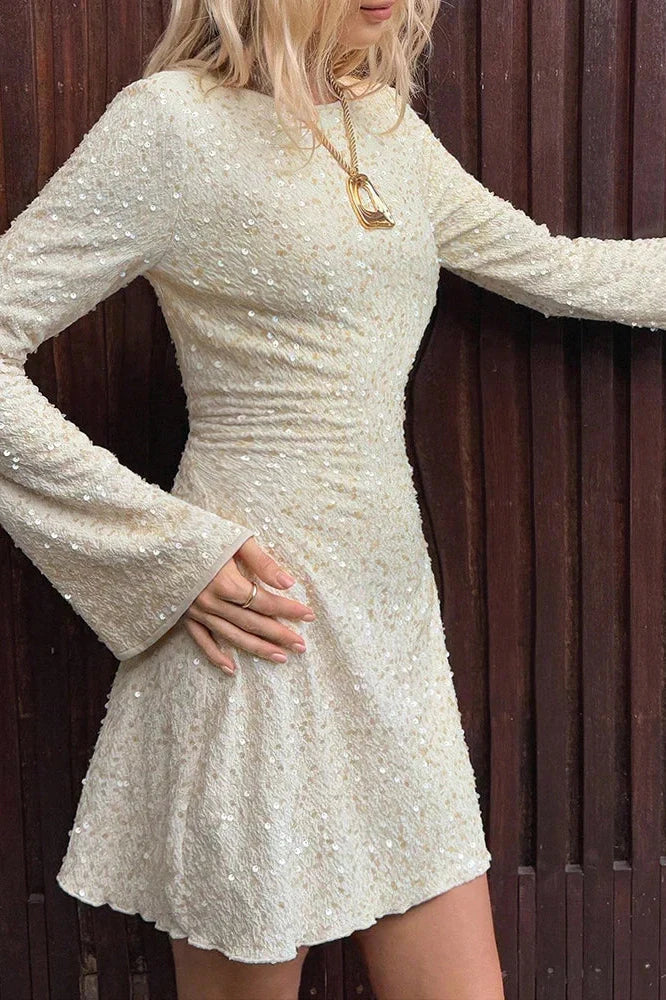 Elegant High Waist Pleated Long Sleeve Mini Dress