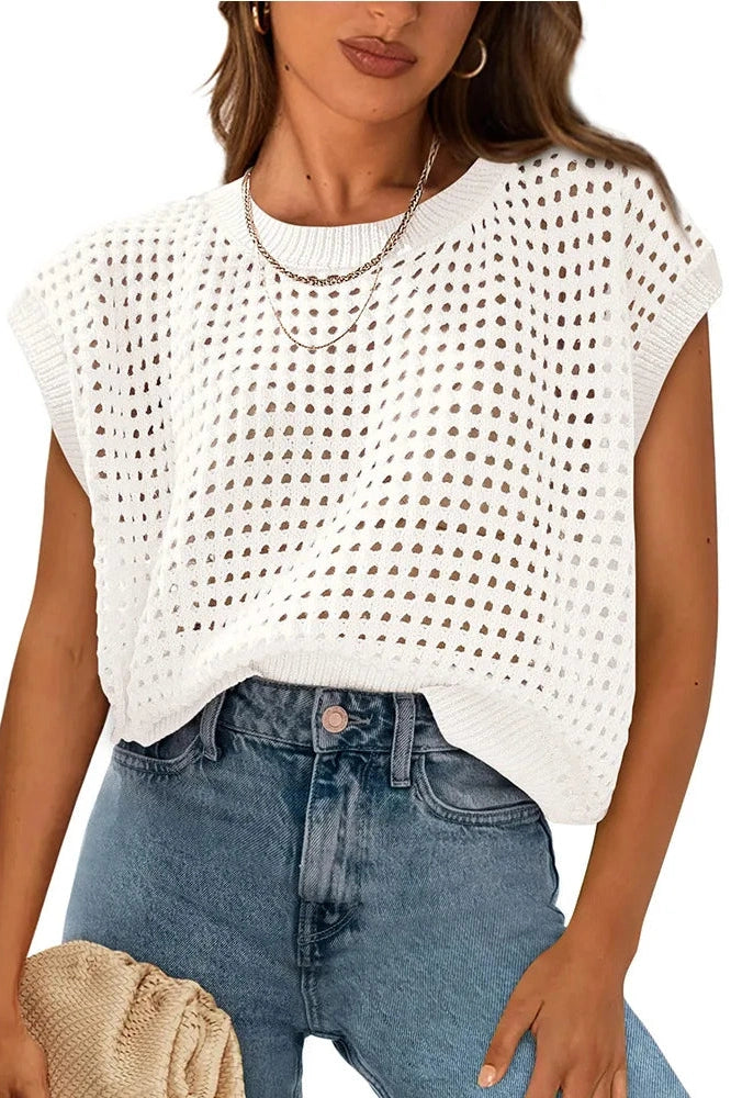 Glorol - Hollow Out O-Neck Loose Knitted Top