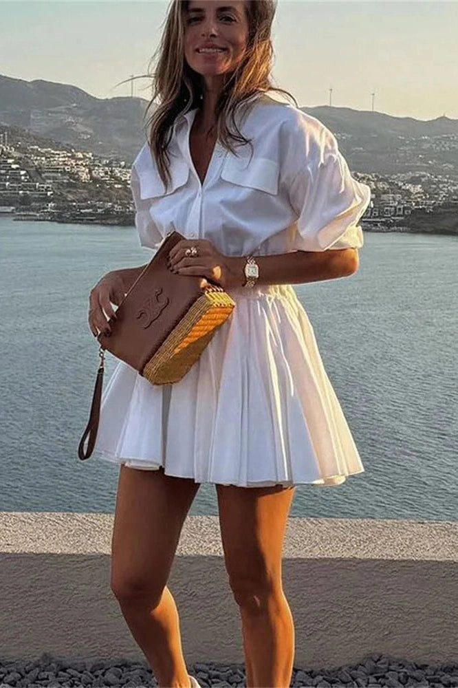 Glorol - Pleated Patchwork Slim Short Sleeve High Waist Mini Dress