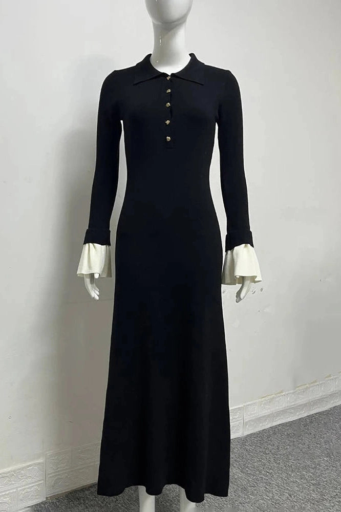 Glorol - Elegant Flare Sleeve Knitted High Waist Button Maxi Dress