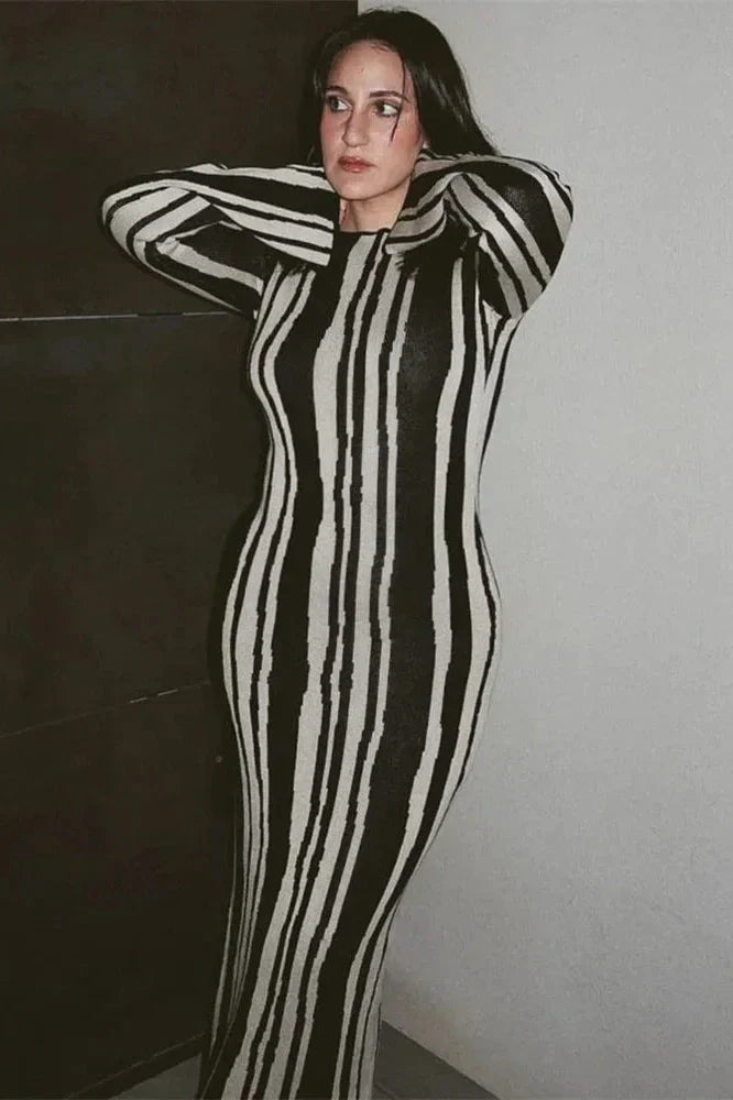Striped Slim High Waist Maxi Dress