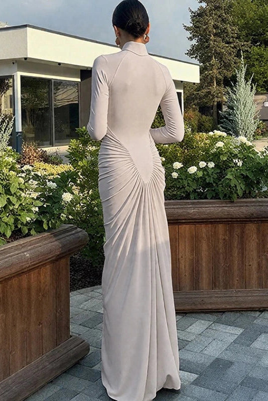 Glorol - Elegant Turtleneck Slim Long Sleeve High Waist Maxi Dress