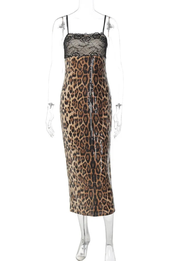 Glorol - Leopard Print Spaghetti Strap Sleeveless Backless Bodycon Midi Dress