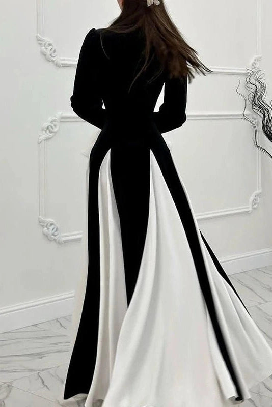 Glorol - Flared Sleeve Patchwork High Waist O Neck Maxi Dress