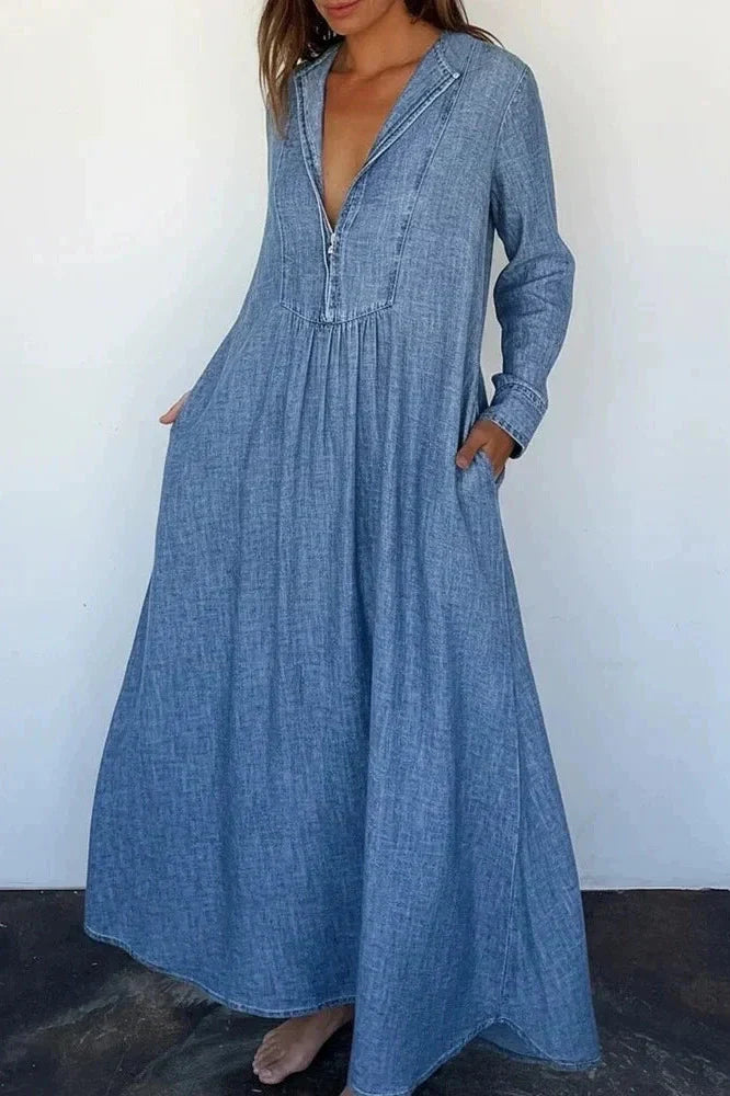 V-Neck Long Sleeve Loose Pleated Maxi Dress