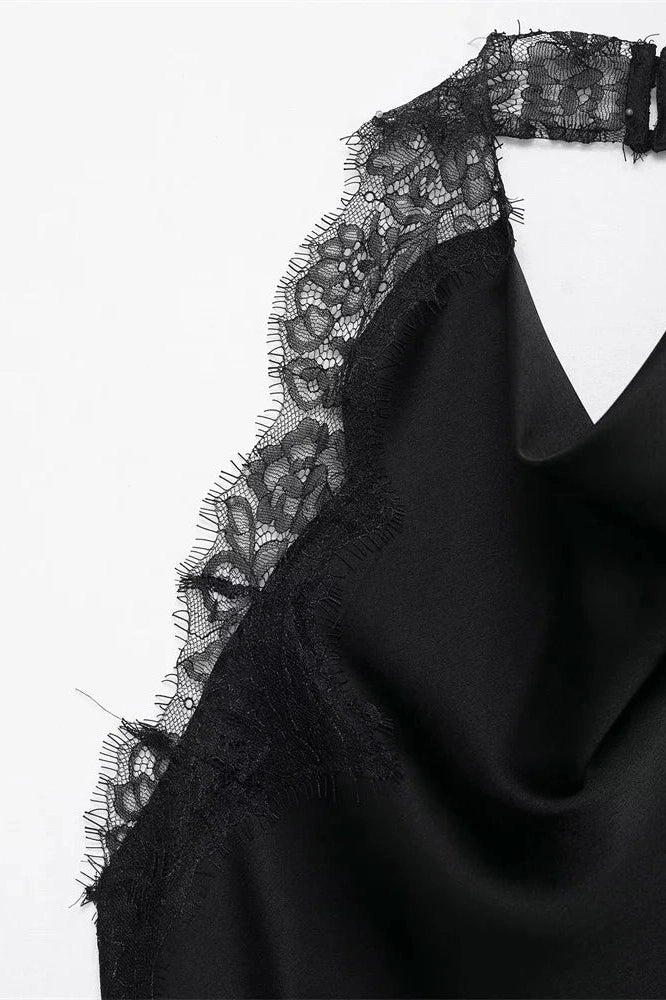 Glorol - Lace Patchwork Backless Slim V-Neck Top