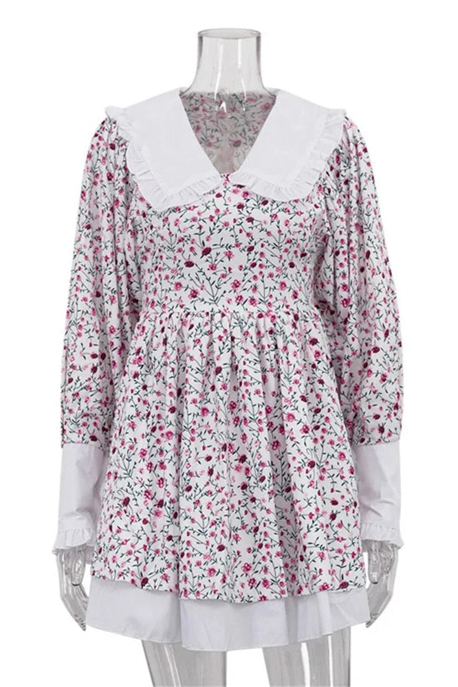 Glorol - Printed V-Neck Slim Long Sleeve Bodycon Mini Dress