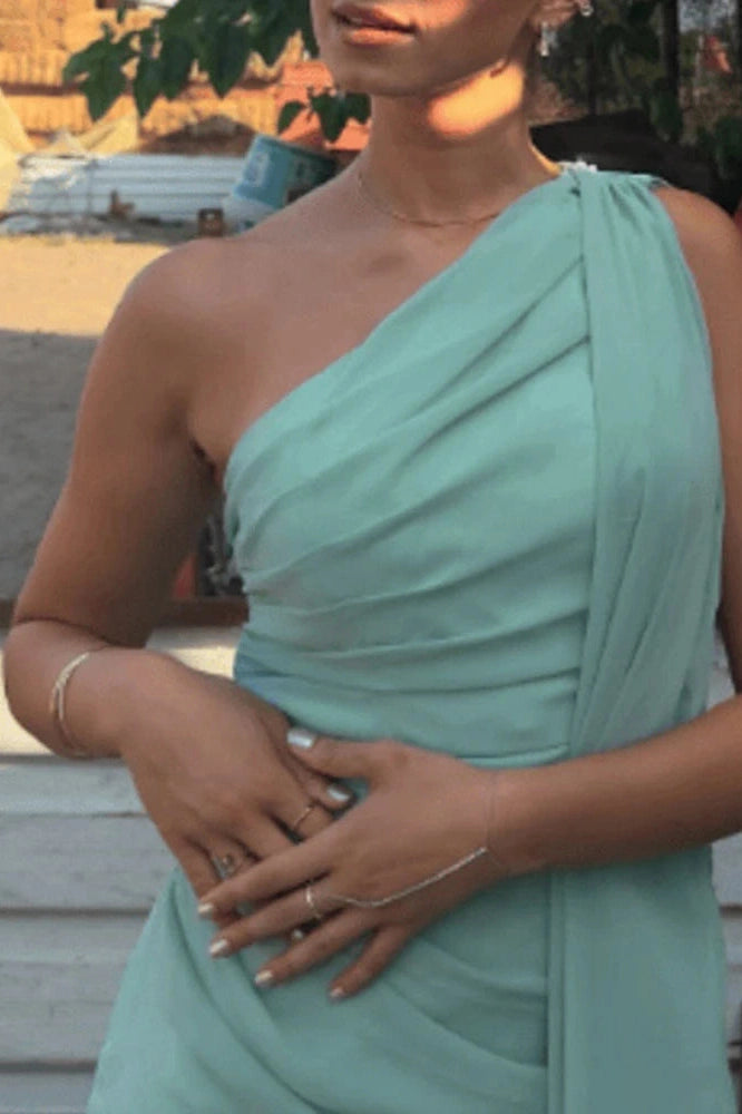 Glorol - Hollow Out One Shoulder High Waist Sleeveless Slim Pleated Maxi Dress