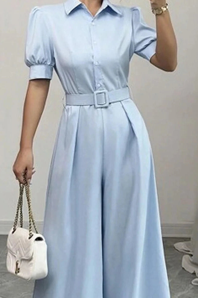 Glorol - High Waist Puff Sleeve Wide Leg Jumpsuit