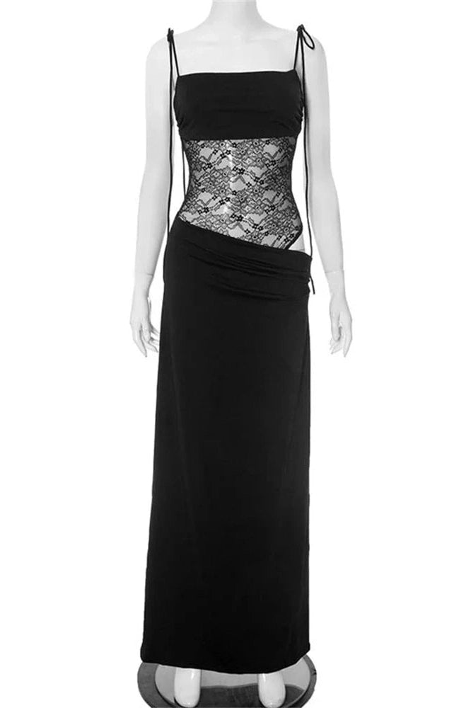 Glorol - Lace Printed Backless Slim High Waist Patchwork Maxi Dress