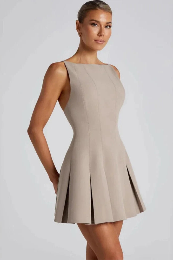 Glorol - Backless High Waist A-line Spaghetti Strap Sleeveless Pleated Mini Dress