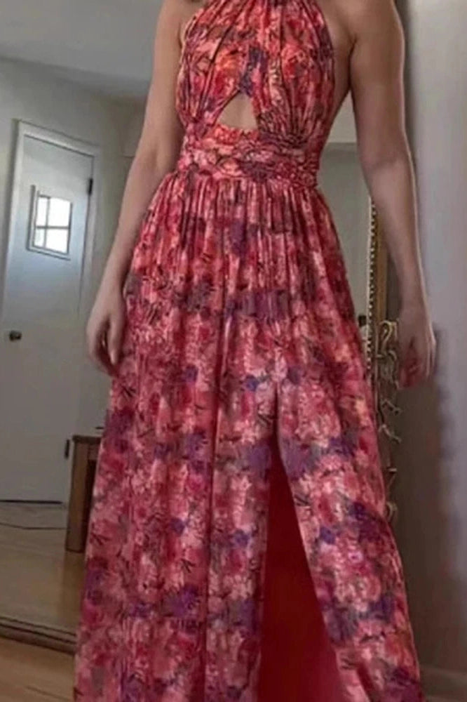 Glorol - Hollow Out Sleeveless High Waist Pleated Printed Maxi Dress