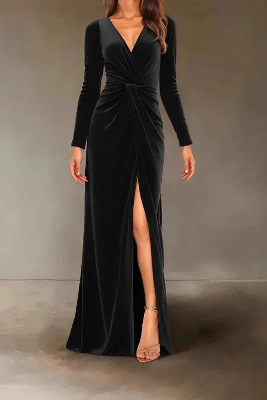 V-Neck Slim High Waist Pleated A-Line Maxi Dress