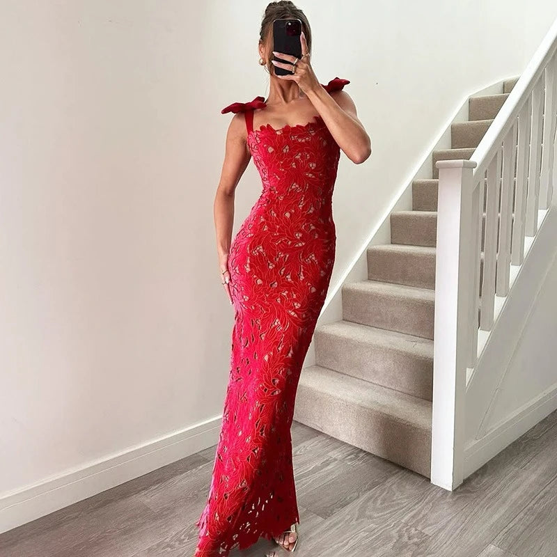 Glorol - Patchwork Lace-Up Backless Maxi Dress